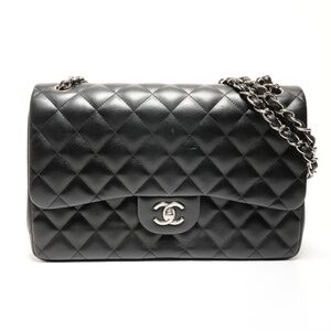 CHANEL Lambskin Double Flap Matelasse Shoulder Bag, 30cm, Silver Hardware, Bl...